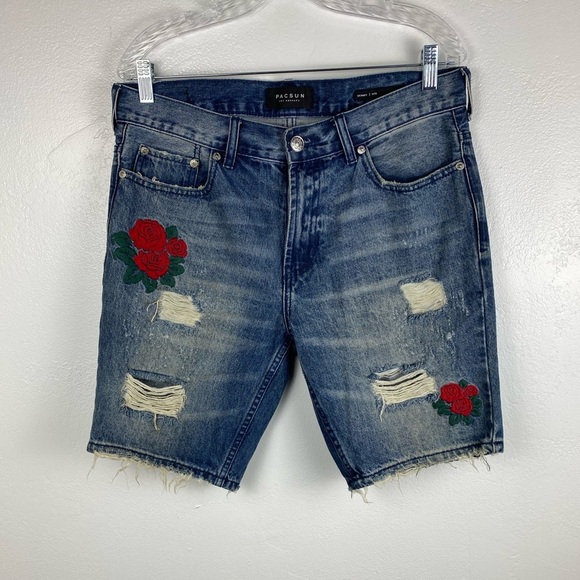 PACSUN Jean Shorts Distressed Floral Embroidered Denim Skinny Shorts women’s 32 - Picture 1 of 12
